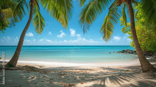 A beautiful exotic beach with palm trees  white sand and blue