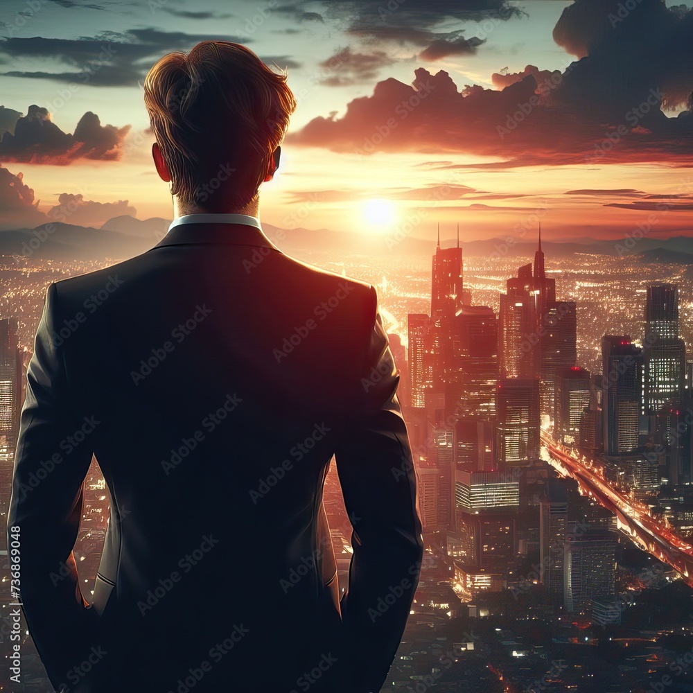 Fototapeta premium Back of businessman in suit with business office, modern buildings background, company profit, Business technology concept, Professional. business, man. walking, businessman, look. forward, 