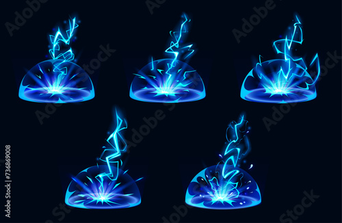 Lightning hit ground or floor with burst vfx effect, light ball and smoke clouds. Cartoon vector illustration set of blue thunder bolt with flash and power energy splash for game ui design.