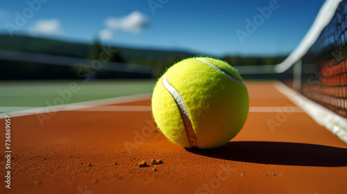 Professional photo of tennis court, racket and ball staged