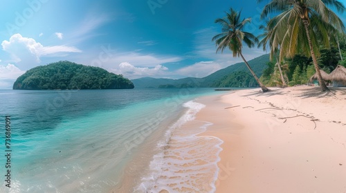 A beautiful exotic beach with palm trees, white sand and blue