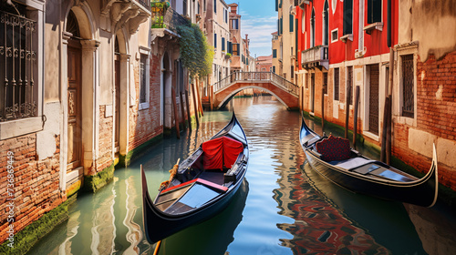 Narrow canal with gondola in Venice, Italy. photo