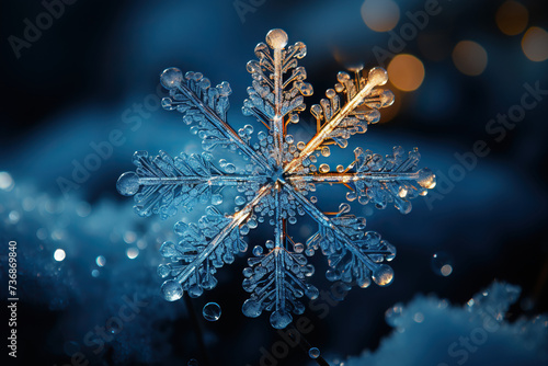 Beautiful crystal snowflake on the blue bokeh background. Winter background. Generated by artificial intelligence