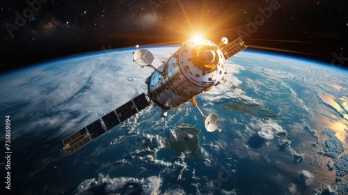 Spacecraft in the open space of space, satellite power Space station with a view of the Earth