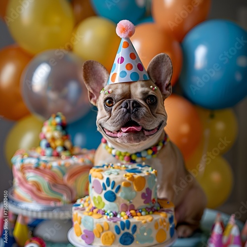 Happy Birthday Dog, cute french bulldog puppy celebrating birthday with party hat and paw prints birthday cake photo