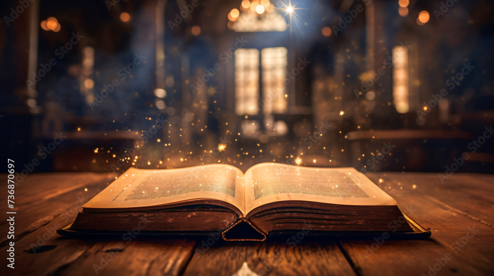 Old book with magic lights and bright letter - obrazy, fototapety, plakaty 