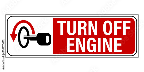 Turn off engine, warning sign with ignition key and red directional arrow, text on the right. Horizontal shape, strip.