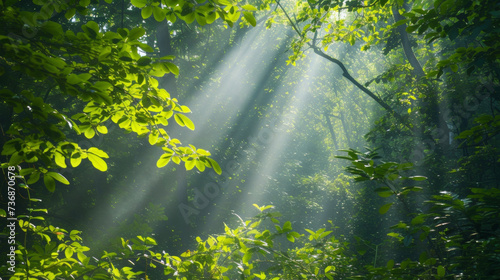 Background A thick forest with rays of sunlight shining through the leaves.