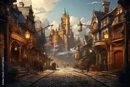 Transport your audience to a bygone era of steampunk elegance with a streets background, showcasing animated cobblestone paths, Generative AI