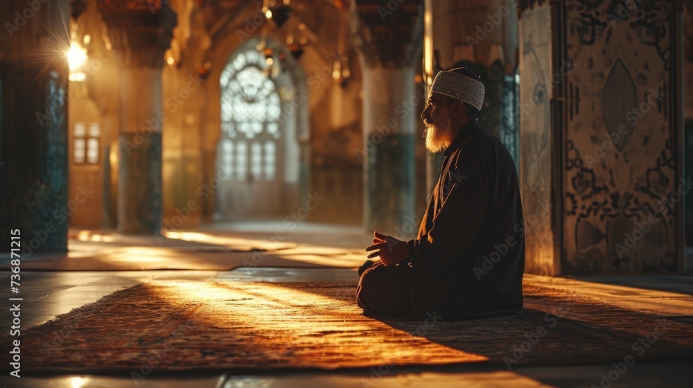 Young muslim man prayer hijab pray to God on blur mosque background concept for eid mubarak, life and soul fasting of international islamic ramadan sunlight. Young muslim man prayer hijab pray to God on blur mosque background concept for eid mubarak, life and soul fasting of international islamic ramadan sunlight.