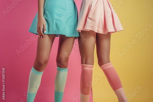 Colorful mini skirts and stylish long socks