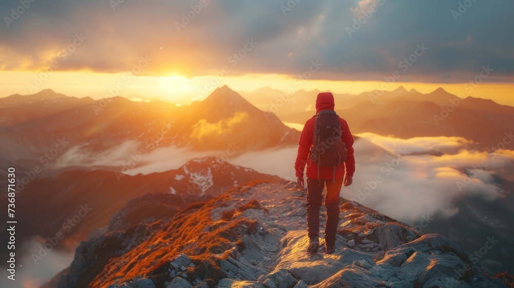 A lonely climber in a red jacket climbs a rocky mountain path. It is set against a stunning backdrop of a golden sunrise and misty mountain peaks.