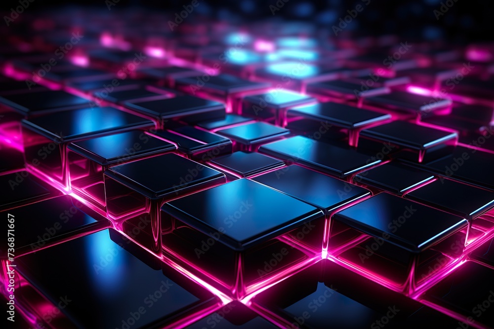abstract black metallic faceted background, pink glowing neon light, square tiles, modern geometric texture, cyber network concept - obrazy, fototapety, plakaty 