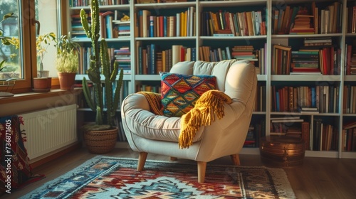 A peaceful oasis for retirement featuring a comfortable reading nook with a plush cushioned chair a carefully selected book assortment and a cheerful cactus. photo