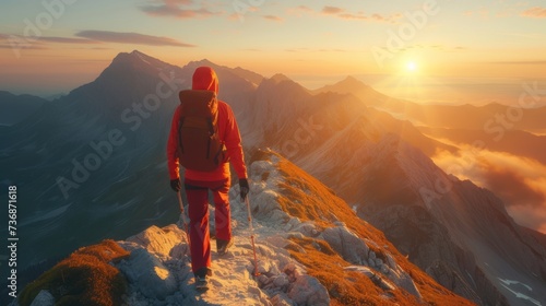 A lonely climber in a red jacket climbs a rocky mountain path. It is set against a stunning backdrop of a golden sunrise and misty mountain peaks. © sirisakboakaew