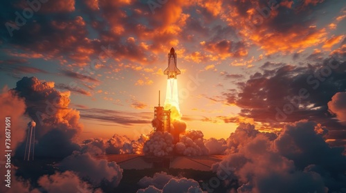 The space shuttle launched at sunset with a flaming engine igniting and smoke billowing in the breathtaking sky.