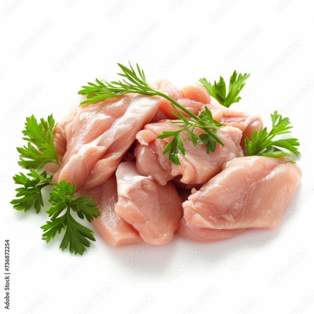 raw chicken pieces with parsley isolated on white background raw chicken pieces with parsley isolated on white background