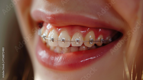 Braces on teeth in close-up.