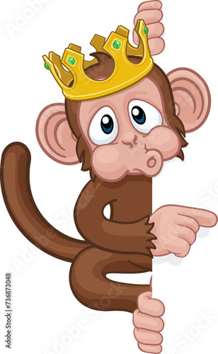 A king monkey cartoon character animal wearing a crown behind a sign peeking around and pointing at it