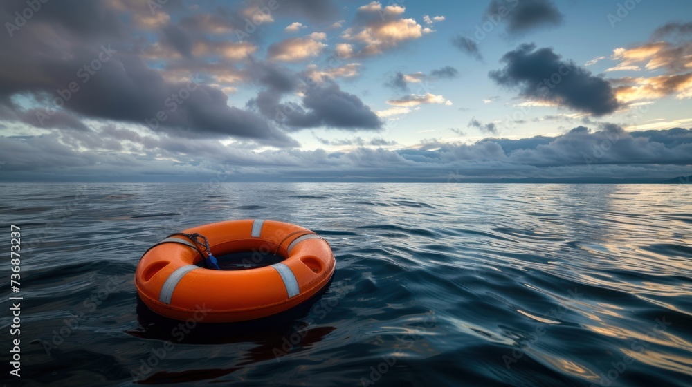 Fototapeta premium Orange lifebuoy floating in the open sea It is a symbol of safety and hope under the wide sky.