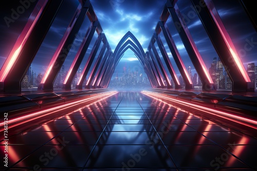 3d abstract neon background, square arch, pink blue glowing lines, futuristic gates construction, reflection
