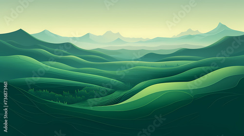 Nature art, abstract green hills and mountains