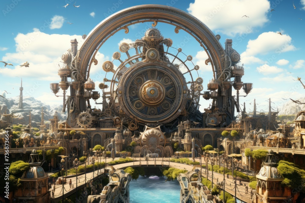 Transport your audience to the animated streets of a steampunk city with a background filled with gears in motion, Generative AI