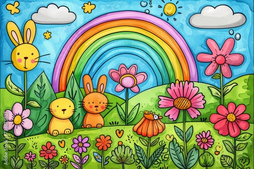 Cartoon cute doodles of playful springtime scenes  with smiling flowers  hopping bunnies  and colorful rainbows  Generative AI