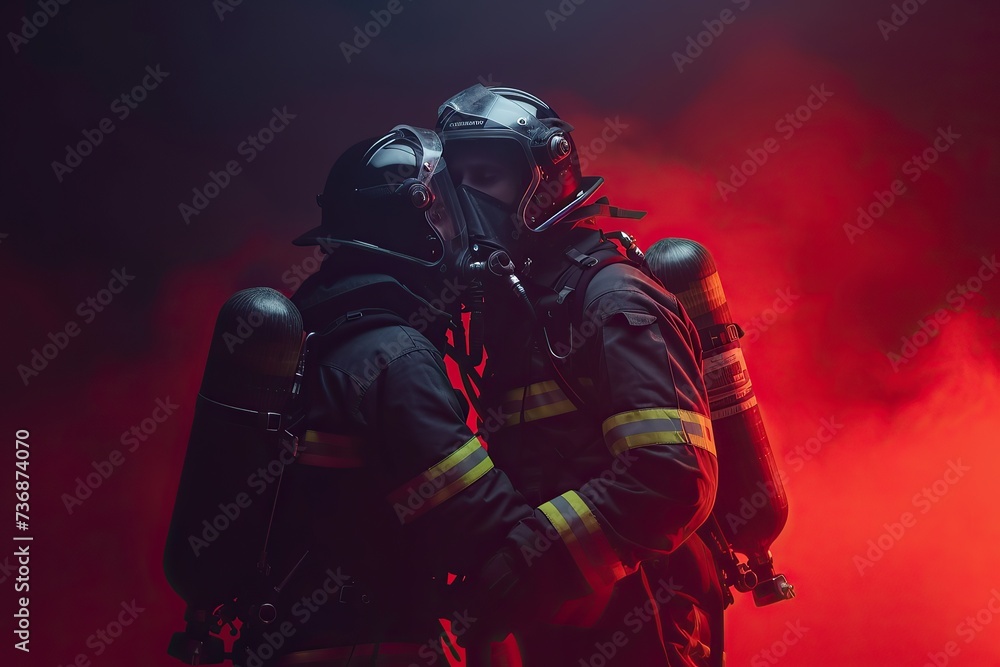 Professional firefighter help their partner through the process of adjusting and fine tuning their gear ensuring it is tailored to their specific needs. Creative Banner. Copyspace image Professional firefighter help their partner through the process of adjusting and fine tuning their gear ensuring it is tailored to their specific needs. Creative Banner. Copyspace image