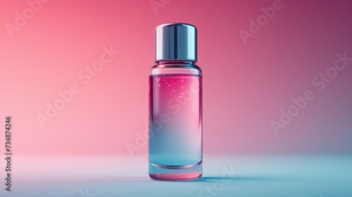  a pink and blue bottle with a silver top on a pink and blue background with a reflection of water on the bottom of the bottle.