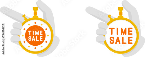 手袋をした手でストップウォッチを持つタイムセールアイコンセット（指差し）