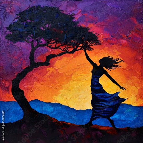 Silhouette of a dancing woman at sunset with a tree