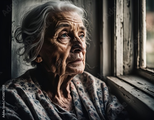 Extreme loneliness and sadness of an elderly woman, portrait of an old woman, loneliness and old age, ending up alone