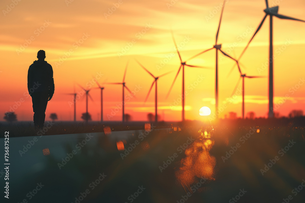 Renewable Energy Concept with Person and Windmills
