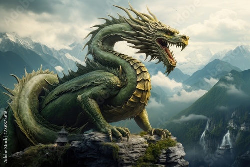 A green dragon sitting on top of a mountain. The dragon is very large, with sharp teeth and claws. It has a long tail that curls behind it.