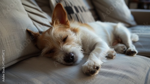 Cute dog sleeping on the sofa at home. Jack Russell Terrier
