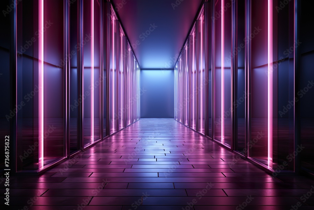 3d render, abstract neon light background, bright glowing lines inside square tunnel, ultraviolet portal, performance stage, showcase, empty corridor, podium with floor reflection