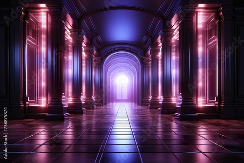 3d render, abstract neon light background, bright glowing lines inside square tunnel, ultraviolet portal, performance stage, showcase, empty corridor, podium with floor reflection © sisir