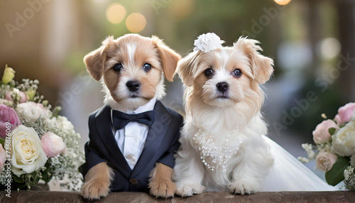 Portrait de chiot élégant déguisé en tenue de mariage, costume et robe pour ce portrait mignon de chiens posant autour d'un décor de fleurs sur un fond extérieur flou