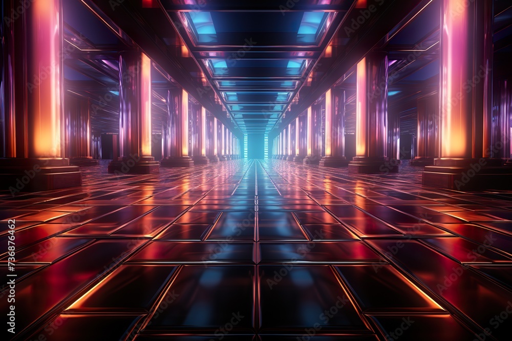 Fototapeta premium 3d rendering, abstract neon background, empty square tunnel with pink glowing lines, long corridor, road,