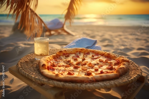 Shows a pizza and a glass of water on a wicker table on a beach at sunset.