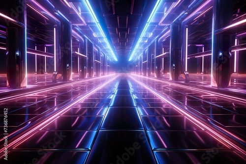 3d rendering  abstract neon background  empty square tunnel with pink glowing lines  long corridor  road 