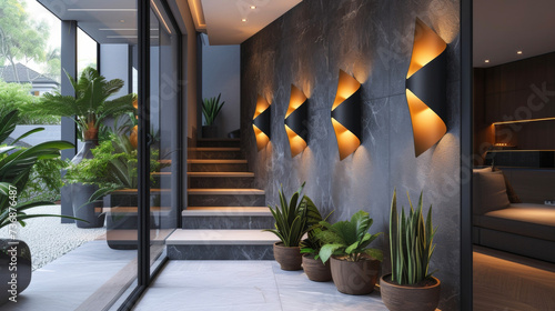 A trio of geometricshaped wall lights in matte black finish adds a touch of modern sophistication to a minimalist hallway. photo