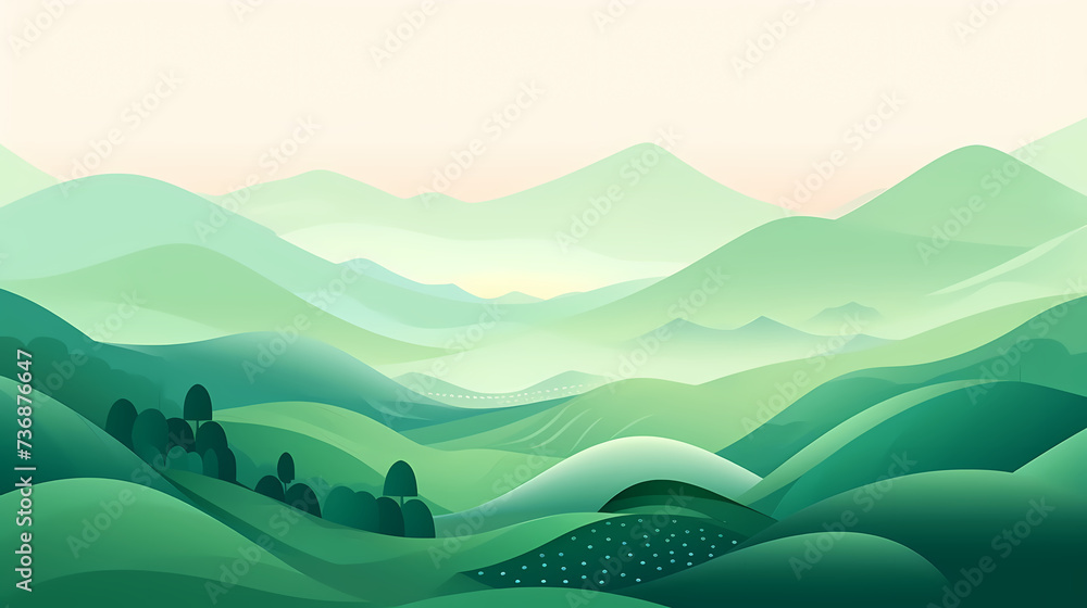 Nature art, abstract green hills and mountains