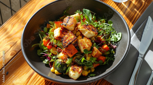 A hearty roasted vegetable salad featuring scorched Brussels sprouts sweet potatoes and corn tossed in a light vinaigrette and topped with grilled halloumi cheese.