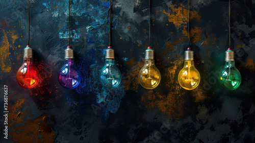  a row of colorful light bulbs hanging from a line on a black wall with a grungy wall in the background.
