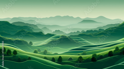 Nature art, abstract green hills and mountains