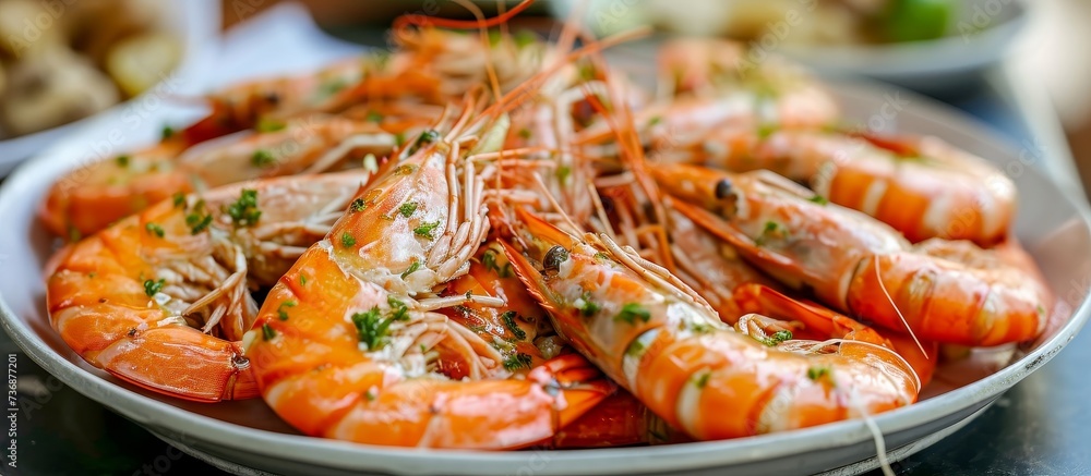 Northern shrimp that have been boiled and peeled and are served in a plate with multiple compartments. Northern shrimp that have been boiled and peeled and are served in a plate with multiple compartments.