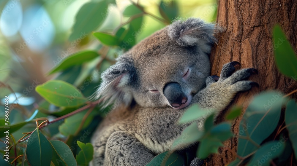 Fototapeta premium a koala sleeping in a tree with its head on top of a tree branch, with its eyes closed.