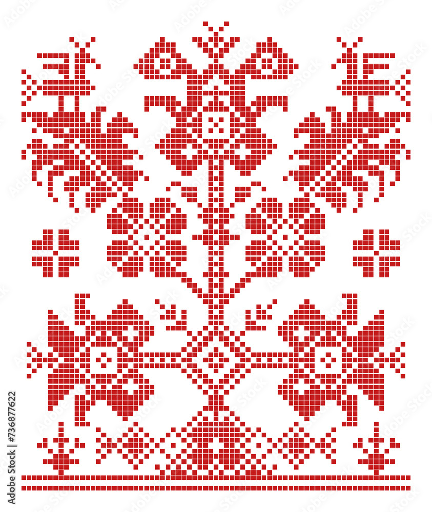 World Tree, slavic embroidery ornament and pattern. Symbol of a colossal tree which connects the heavens, the terrestrial world and with roots the underworld. Old sample of a folk sewing motif. Vector World Tree, slavic embroidery ornament and pattern. Symbol of a colossal tree which connects the heavens, the terrestrial world and with roots the underworld. Old sample of a folk sewing motif. Vector